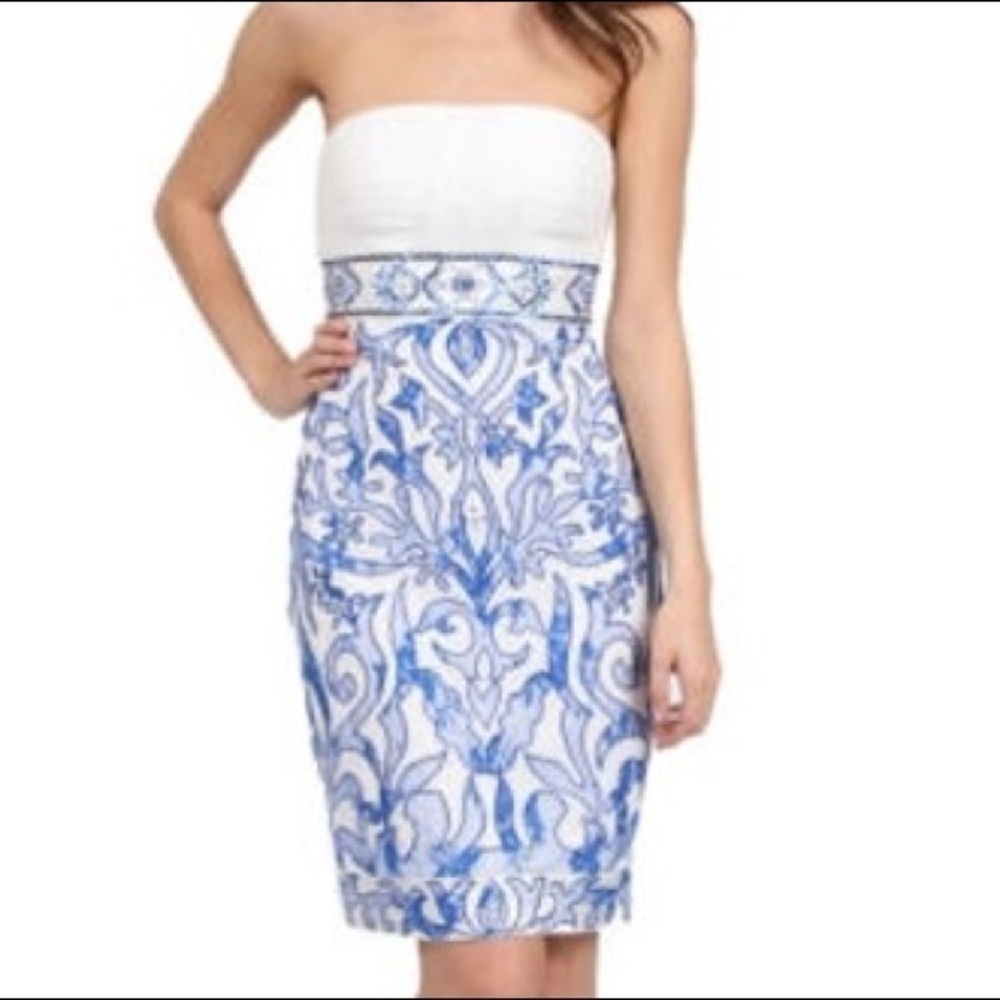 Sue Wong Blue White Embellished Cocktail Dress